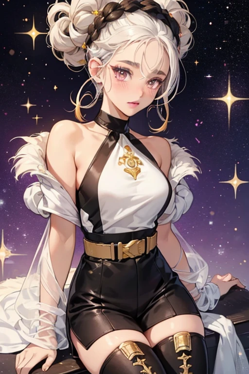 Fresh has light brown skin and dark brown eyes. Her white hair is pulled up into several bantu knots on top of her head. She wears violet lipstick and faint blush. Her glittery hair resembles a soccer ball. She wears a white and black glitter top with a gold whistle on her neck and a pair of matching bottoms with belt, and thigh boots. SPARKLE; GLITTER