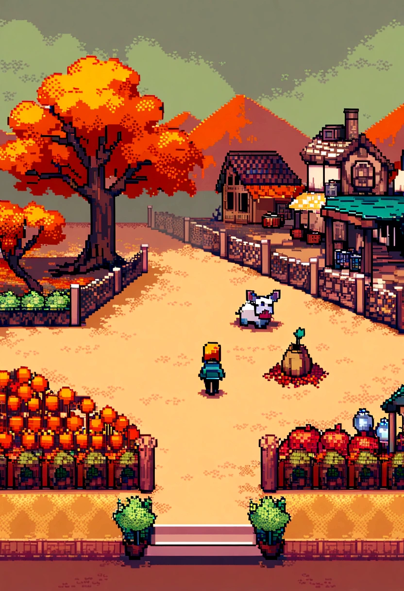 (Best Quality,high resolution), pixel art, vibrant colors, nostalgic atmosphere, Immersive gameplay, 16-bit graphics, pixel perfect controls, town with drought, autumn, Dead flowers