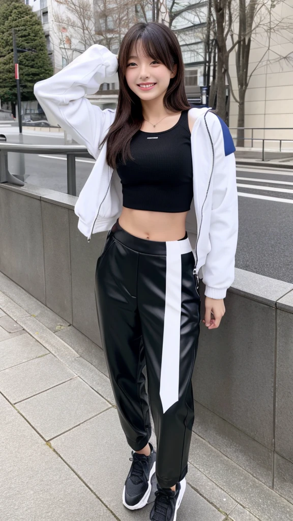 Japanese girl wearing white jacket, black crop top, black trousers, beautiful, six pack abs, realistic, 8k, model,sweet smile, long hair, black shoes
