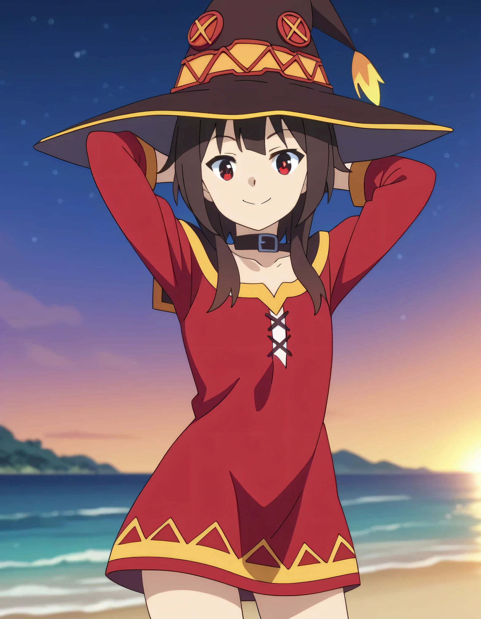 source_anime, anime screencap, anime coloring, Megumin, witch hat, looking at viewer, solo, contrapposto, spread armpit, arms behind head, smile, looking at viewer, (cowboy shot:1.5), closed mouth, night sky, beach, high quality,