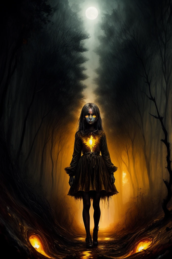 ajanicki brlla in the amber depths, A dark and mysterious world unfolds, A surreal dead girl with liquid gold eyes wanders around, Lost in amber&#39;s mysterious dream world, surrealism 