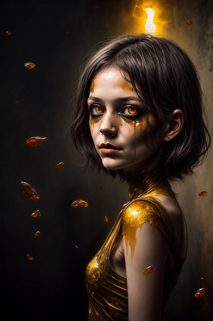 ajanicki brlla in the amber depths, A dark and mysterious world unfolds, A surreal dead girl with liquid gold eyes wanders around, Lost in amber's mysterious dream world, surrealism