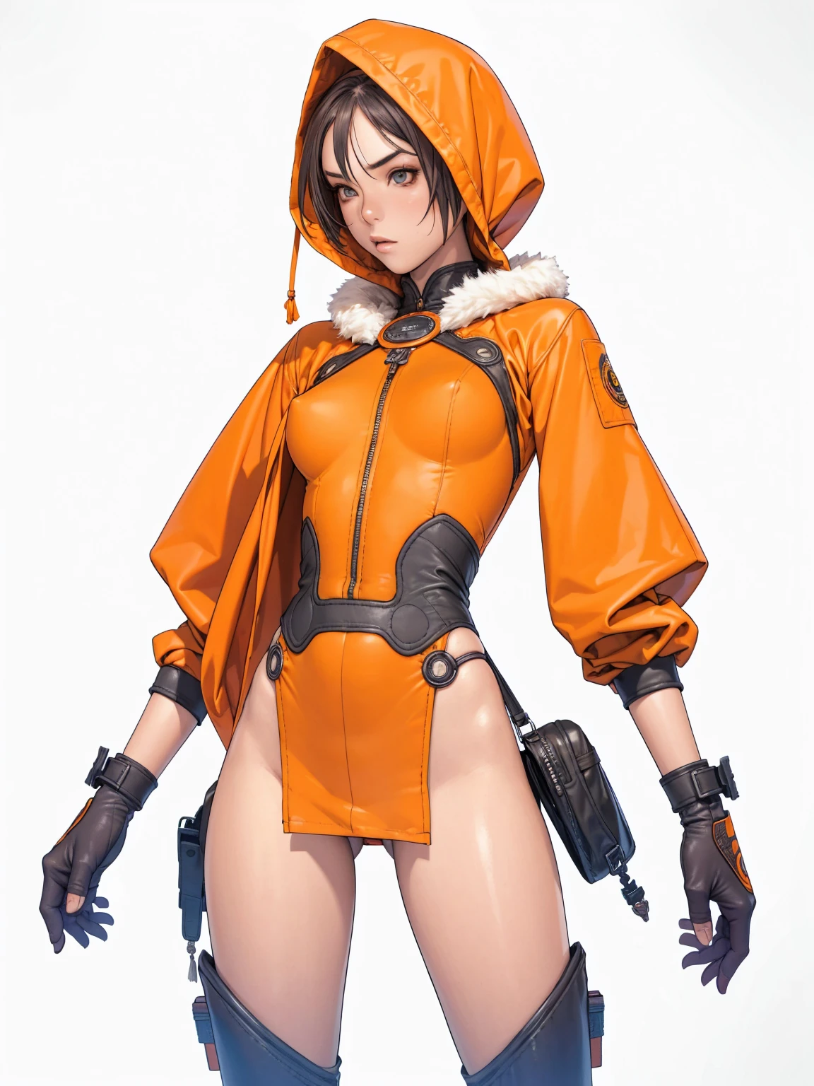 (((Annie Lennox))), (((orange rusty color suit))), (scars), (((bandaged arms))), ((fur hood)), (((best qualityer: 1.4))), (Unbeatable masterpiece), (hiper HD),(CG 8k hyper-realistic), (((brave face))), (((breasts big))), (((hyper feminine))), sexly girl, black tattoo,（ultra short black hair with red highlights)), ((( sculptural body ))), (((1 Kizi))), Kizi tatuada de 25 anos com perfectbody,,Beautiful and well-groomed face,muscular body:1.2,solid color detailed jacket, (Head to thigh photos)， Complex equipment, green dark，long pants，Tight clothes are dark，With white stars and off-white stripes,,,,,Armor Metal Electronic Parts, Poison tattoos ) INFO, Kizi, (((standing alone))), pirralha violent, (((14歳))), sexly, pose de atitude, work of art, post-apocalypse, (((manga style))), bounty hunter, violent, Manic, the way you want, slenderbody, thin but strong, perfectbody, roupa moderna, advanced technology, Pleated mini skirt with checkered pattern in red and black, fur collar jacket, sleeves with vertical striped pattern, neutral background, (( cowboy shot )). intricate visual