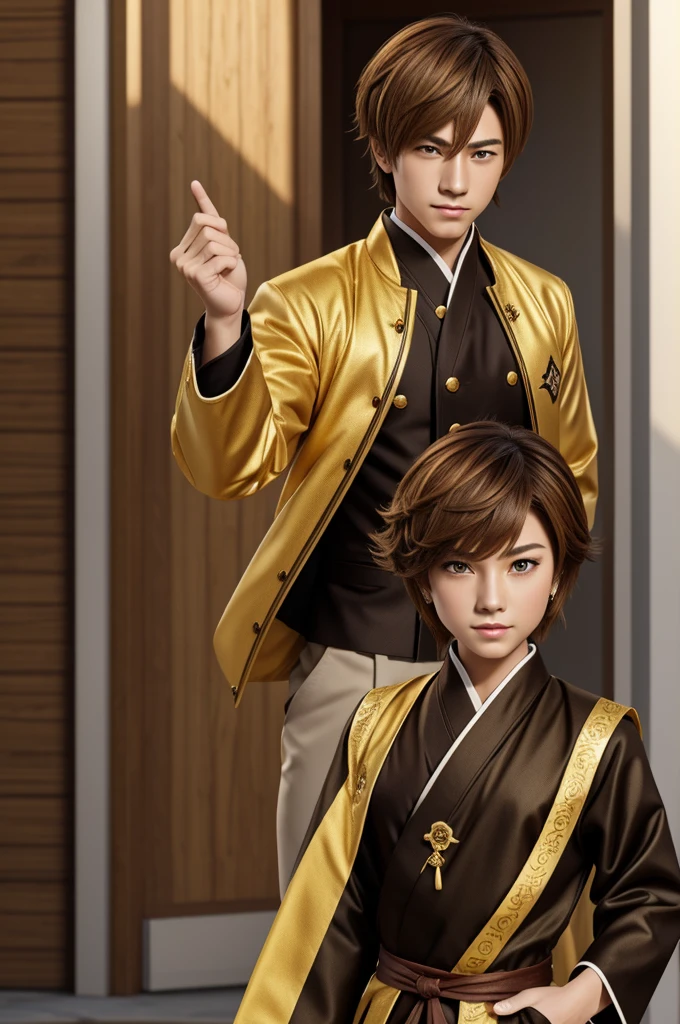 A new genshin impact character with short brown hair and golden-coloured eyes created with Genshin impact style and clothes