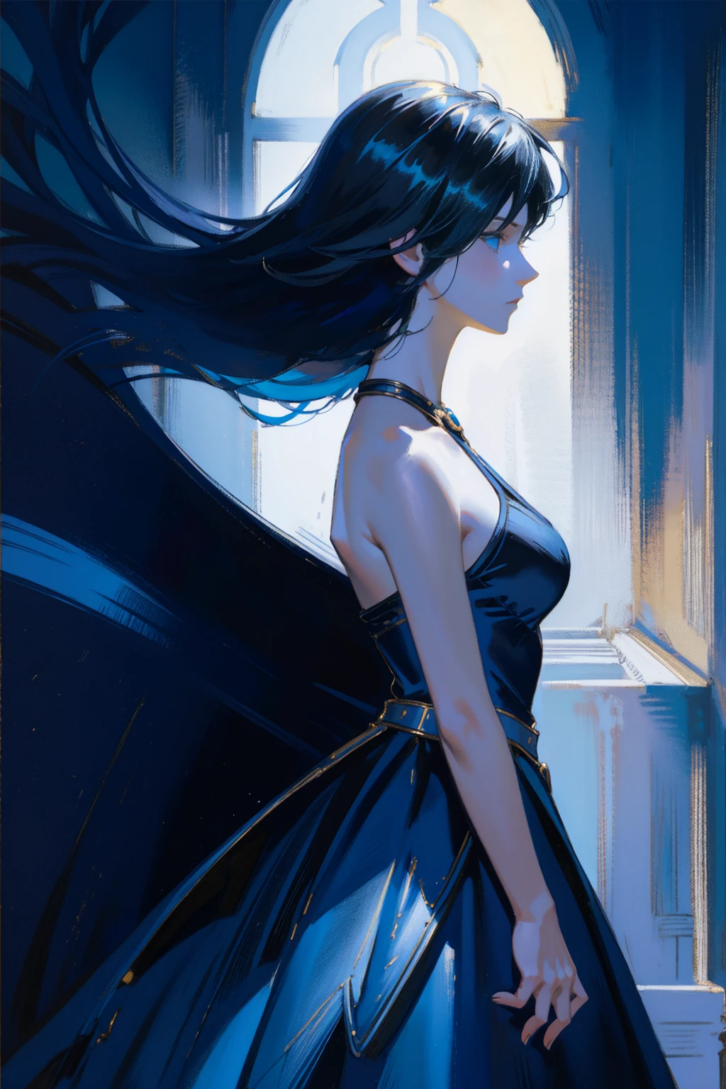 detailed full body portrait,(Piano and girl painting), Black Hair Girl, Blue Eyes, Short Bob, Blue Dress Andy Jurgens (mandy jurgens) A realistic picture has been created, conversion, Figurative art, Detailed Description, Realistically, artwork, Contour, Side view, Colorful Noise, Visual clutter,Contemporary aesthetics、Vienna style、Nocturne Whispers