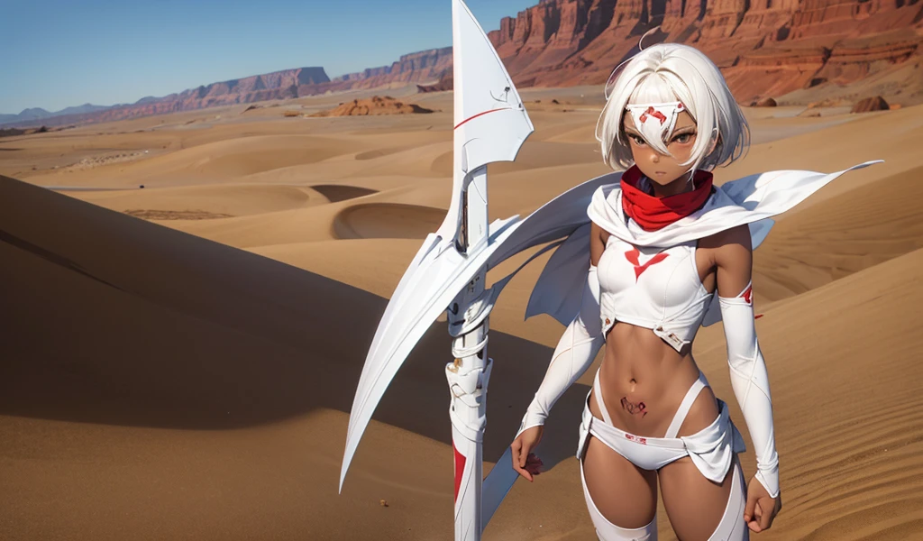 White short-haired, dark-skinned, flat-chested girl,White forehead protector,veil,Red and white sports top,thin waist,Bare waist,Tattoo,Black briefs,Bare arms,Bare Legs,Scimitar,Standing,desert