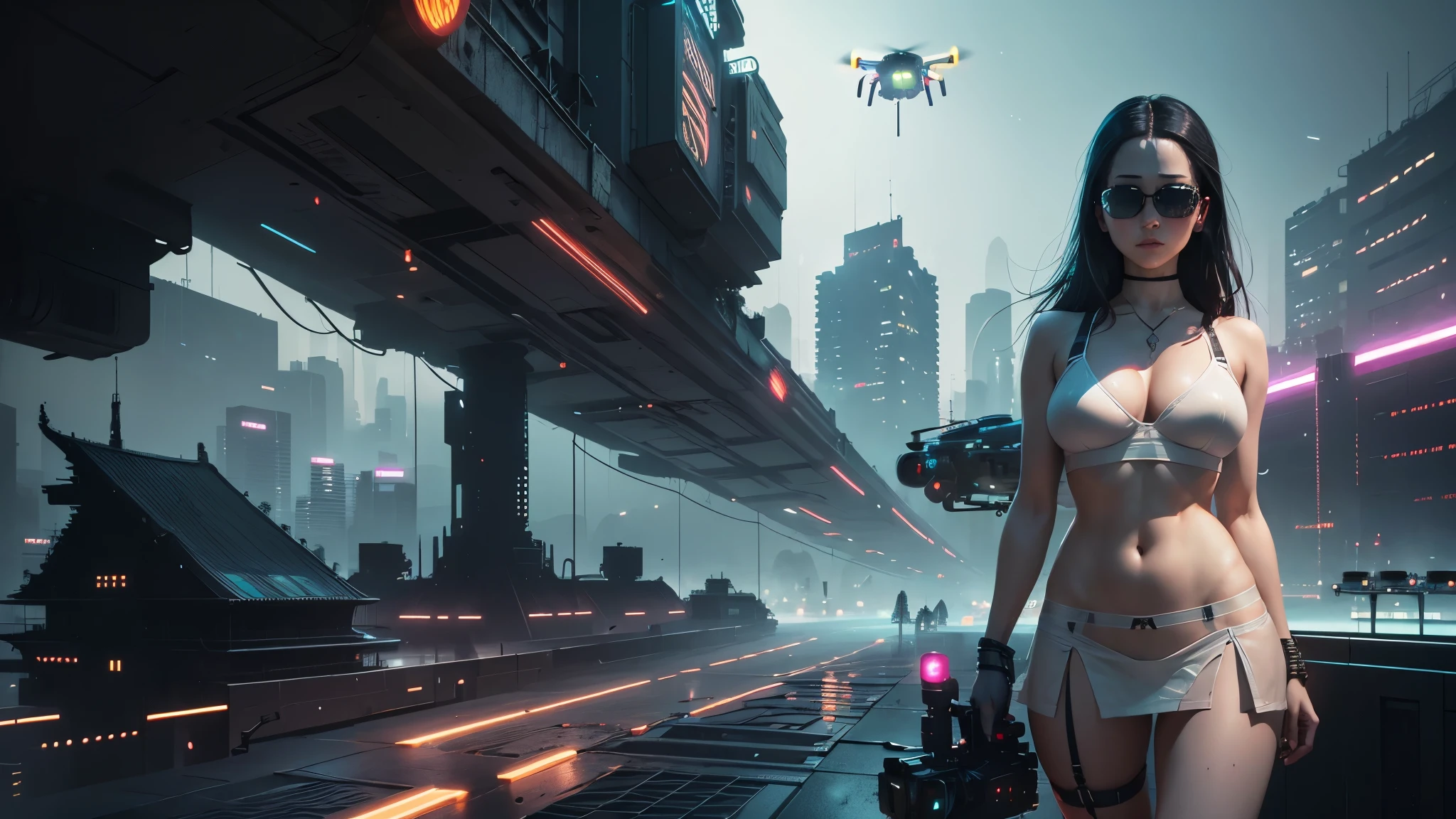 20-year old large-breast woman with cleavage:1.4, 1woman, solo, 3D neon art of a woman's body, (with low angle view), (((((matrix style black micro sunglasses, black bra and very short black miniskirt, white G-string panty))))), (((aiming with a short gun))), (looking at camera), aerial view of blade runner neon-noir city background, (((Matrix cascading code))), (((1drone alone above city))), perfect composition, beautiful detailed intricate insanely detailed octane render trending on artstation, 8K artistic photography, photorealistic concept art, soft natural volumetric cinematic perfect light, chiaroscuro, award-winning photograph, masterpiece, oil on canvas, Raphael, Caravaggio, Greg Rutkowski, Beeple, Beksinski, Giger