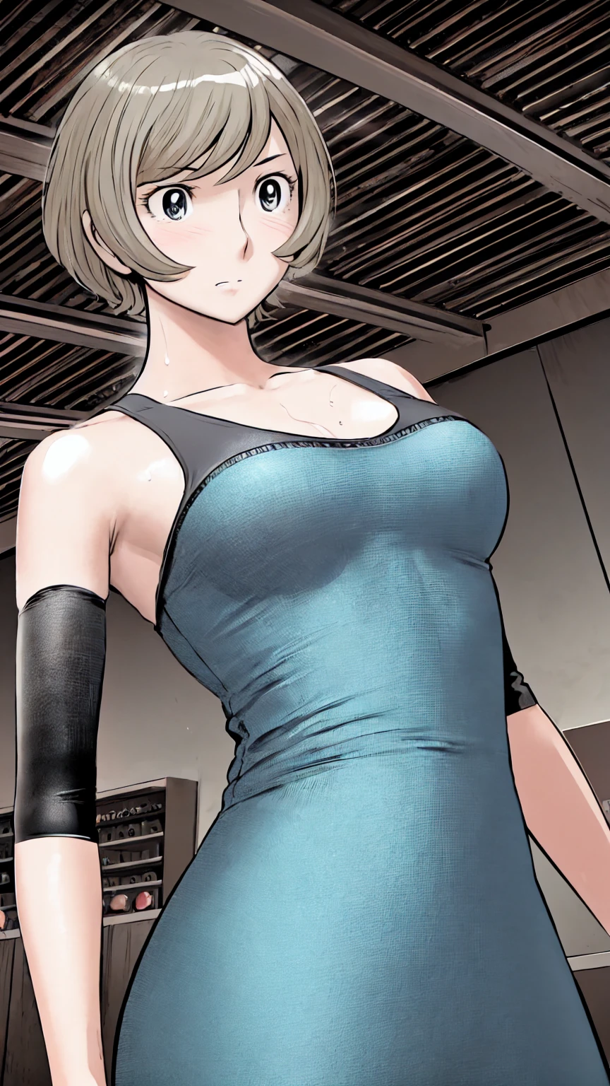 、(masterpiece、Highest quality)、Highest quality, Ultra-high resolution, (((masterpiece))), alone, Sweat、Big eyes, Please show me your armpits, No sleeve、Outdoor、Floral dress、Composition from the front、(Cut the back hair short、short hair、blonde、woman)、Shortcuts、Embarrassed face、Cut your hair short、可愛いwomanの子、Big Breasts