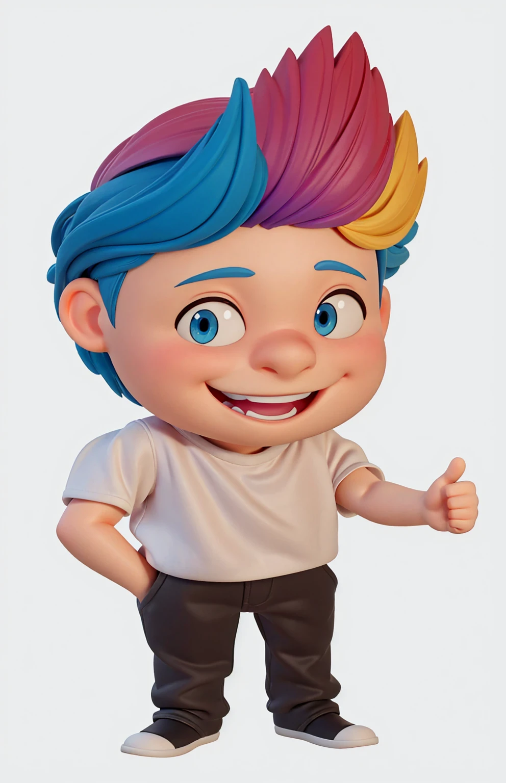 Enhance the image of a full-body 3D character by focusing on a Disney Pixar modeling style. Keep the color palette vibrant, with colorful hair, bright blue eyes, and a smile showing off your top teeth. The character's left hand should be giving the thumbs up sign, while the character's right hand is in their pocket. Ensure the final image has a polished finish with high-quality 3D rendering. The character should have a clean, detailed look, with soft shadows and realistic lighting. The final image must be rendered in 8K quality. The background can be simplified or replaced with a more neutral environment if necessary.