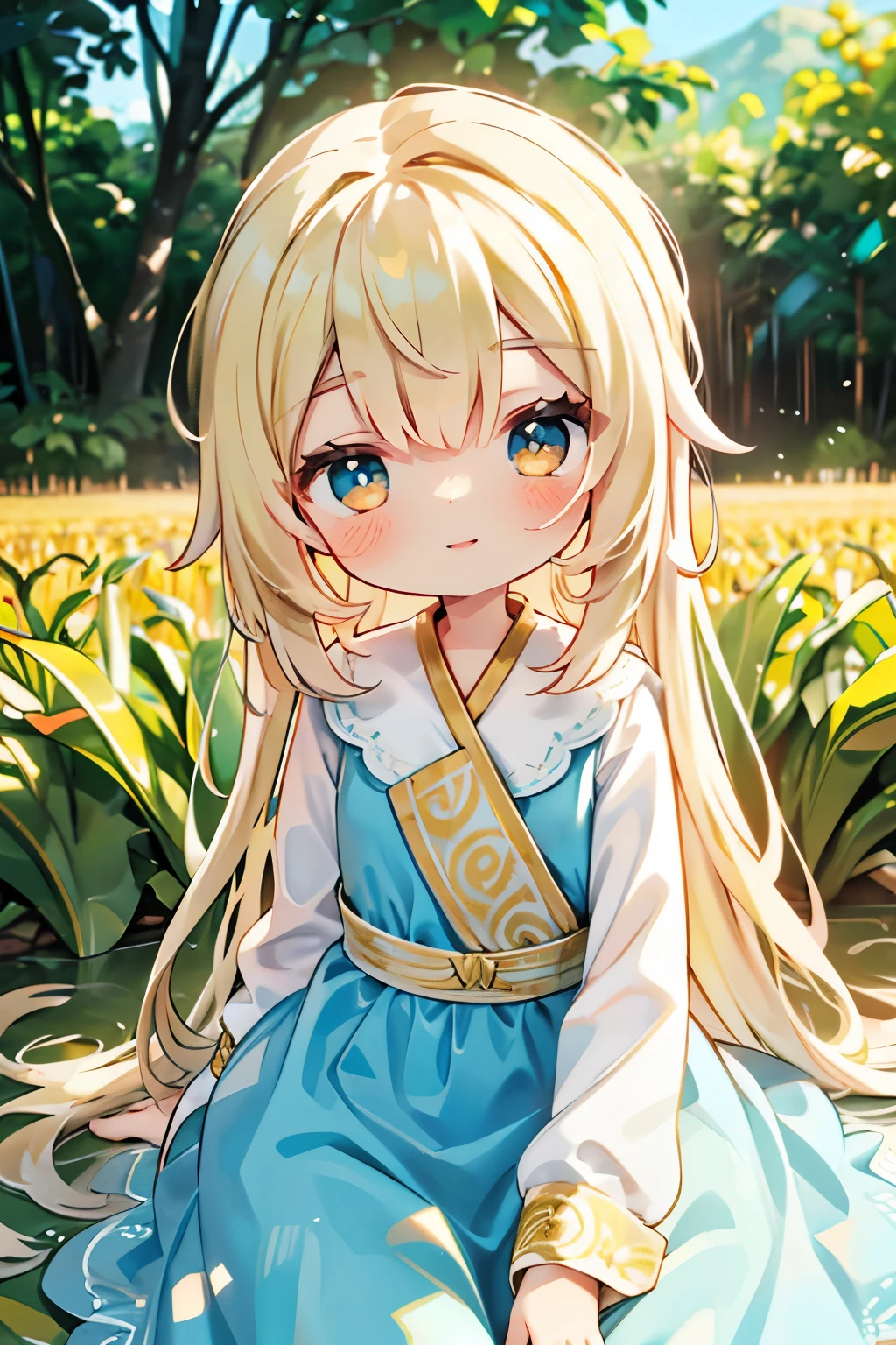 Cute Chibi Girl、smile、In the corn field、Very detailed、Ultra-realistic、Photorealistic、8K、Hyperrealistic、masterpiece、Beautiful detailed eyes、Beautiful detailed lips、Very detailedな顔、Long eyelashes、Beautiful young girl、Calm expression、sitting in a cornfield、Golden light、Warm colors、Beautiful lighting、Cinematic、Intricate details、Bright colors、natural environment、Lush vegetation、Soft Focus、Depth of written boundary