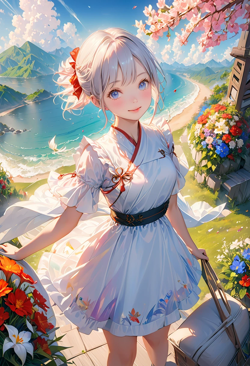 (Panorama, Center, Masterpiece, Highest Quality: 1.2), (8K, Raw Photos, Highest Quality), ((Masterpiece: 1.2)), Realistic, Ultra High Resolution, High Contrast, Photon Mapping, Vivid Colors, distant view, 26mm, Super Detailed, Raw Photos, Authentic, Official Art, RAW Photos, Professional Lighting, Lights, Vivid Atmosphere, finest illustration, best shadows),(An image with a composition with a large background and a small person), A smiling young girl (Emilia princess from Re:Zero, elegant silver-haired girl with delicate features, beautiful detailed eyes, long eyelashes, full lips, colorful makeup, slim waist, wearing a academy uniform, short sleeve top, photorealistic, (best quality,4k,8k,highres,masterpiece:1.2),ultra-detailed,(realistic,photorealistic,photo-realistic:1.37), extremely detailed face and eyes, highly detailed iris, (cute)), Early summer, Daytime. Plain, A smiling young girl can be seen standing in the distance against the background of various colorful flowers, On the side, there is a small white kitten, green and gold and silver gradients, the atmosphere where you can feel the excitement of adventure, an atmosphere of happiness and joy, a world view of high fantasy, a magnificent composition, beautifully depicted with the golden rule, Guardian nebulae of iridescent lights and silvery vapors, colors of corrosive siege rays, slimy air,
