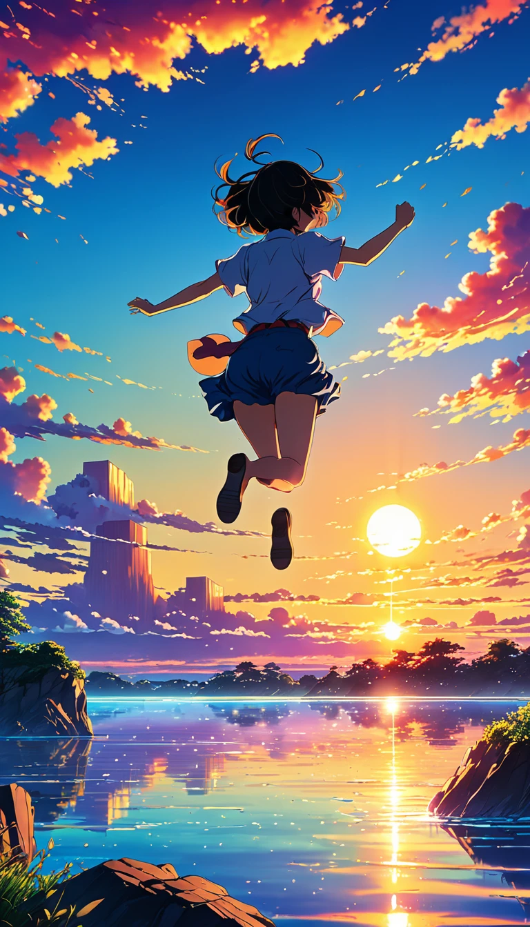 anime landscape ofThe image shows a jumping into the air at sunset, colorful,beautiful anime scene, beautiful anime peace scene, Makoto Shinkai Cyril Rolando, beautiful anime scene, amazing wallpaper, anime art wallpaper 8k, anime background, artistic anime background, anime wallpaper 4k, anime art 4k wallpaper, anime wallpaper art 4k,