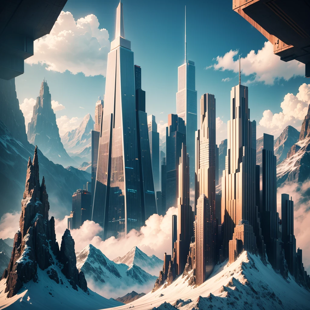 skyscrapers,SF,super huge mountain,cyber punk,Different world,best quality,8K, Highest quality ultra-high resolution Utopia, Huge Waterfall Nature,masterpiece