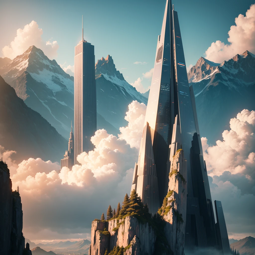 skyscrapers,SF,super huge mountain,cyber punk,Different world,best quality,8K, Highest quality ultra-high resolution Utopia, Huge Waterfall Nature,masterpiece
