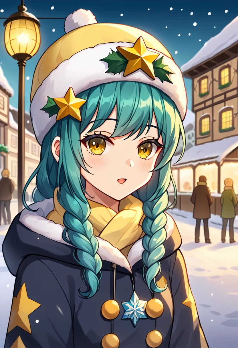 Girl with long dark turquoise hair, yellow eyes, yellow star pin in her head. Background: market in winter (rain)