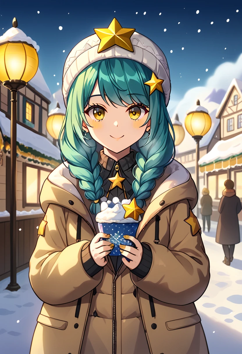 Girl with long dark turquoise hair, yellow eyes, yellow star pin in her head. Background: market in winter (rain)