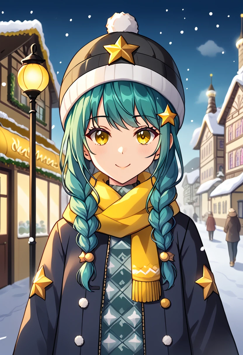 Girl with long dark turquoise hair, yellow eyes, yellow star pin in her head. Background: market in winter (rain)