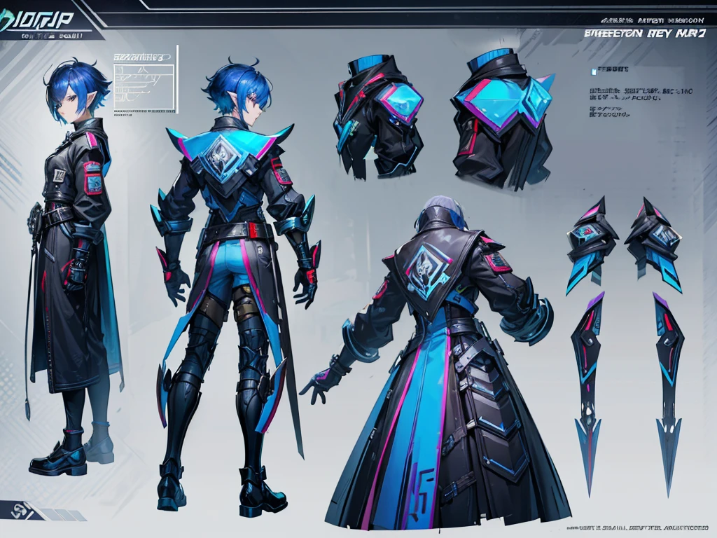 Close-up of a male elf in a cyberpunk suit, biracial, short hair with chaved sides, ((character concept art)), ((character design sheet, same character, front, side, back)) maple story character art, video game character design, video game character design, maple story elf, expert high detail concept art, concept art, gravity rush inspiration, sticky tar. Concept art, belt buckle at waist, cyberpunk sword