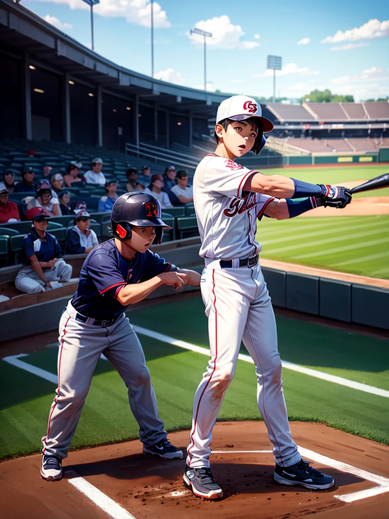 Highest quality,Highest Resolution,Game at the baseball stadium,Boy playing baseball,strike,A large audience,Batter Box,