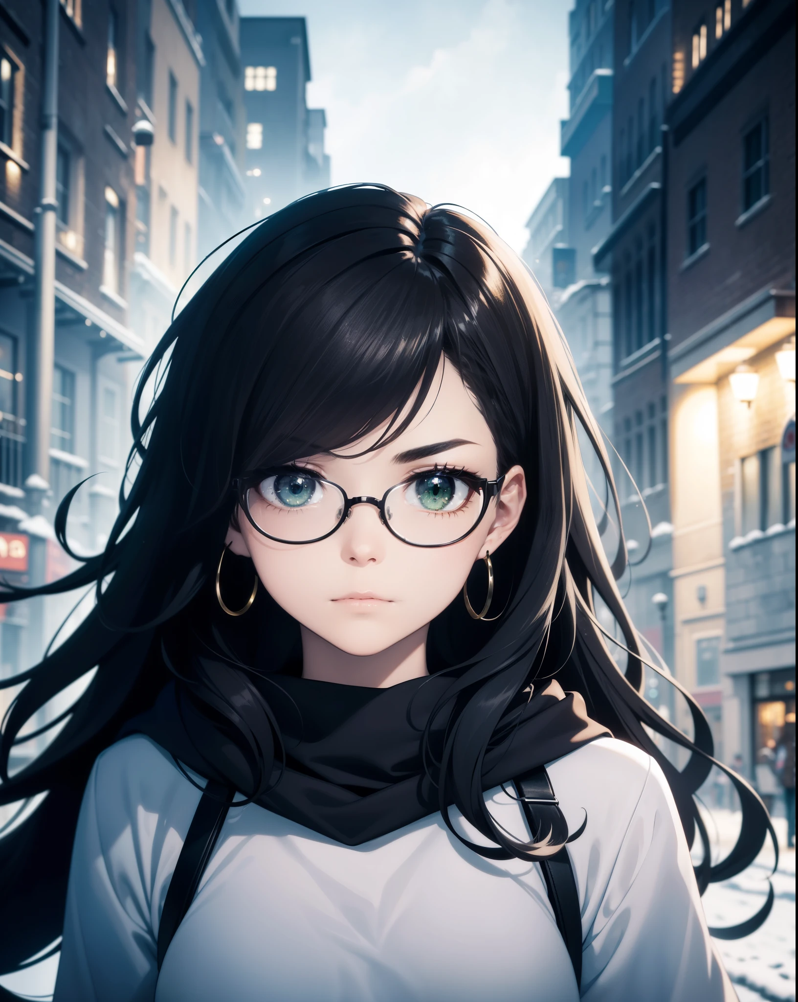 Best quality, volumetric lighting, cinematic lighting, masterpiece, ultra high res, 4k, (soft round detailed face), (sad expression), (detailed green eyes), bags under eyes, thick eyebrows, depressed, melancholy, (wearing rounded glasses), (very pale light skin), detailed black hair, ((long messy greasy hair)), (plain black hoodie), black stud earrings, black nail varnish, unwashed, unkempt, disheveled, sodium streetlamps, midnight, dark clouds, London, snow