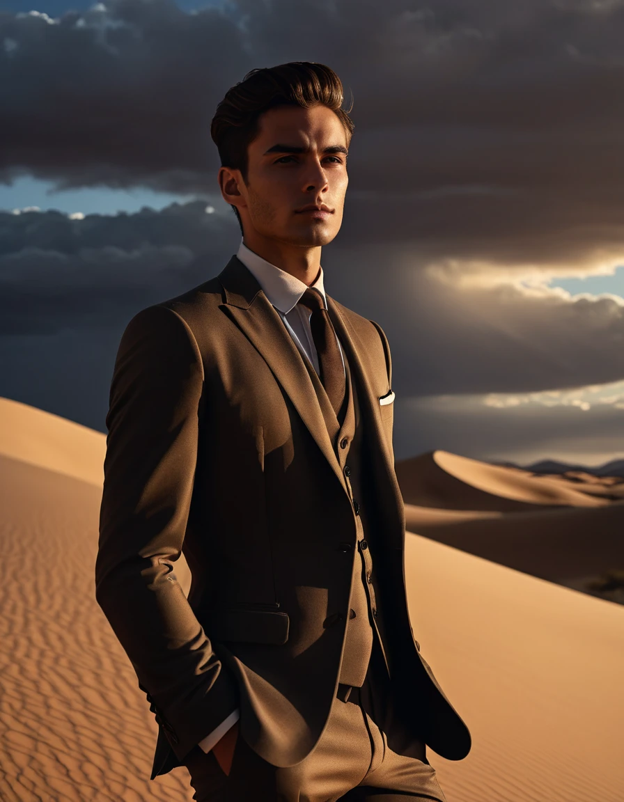 detailed portrait of a young man wearing an elegant suit, standing in a vast desert landscape, dramatic lighting, cinematic composition, realistic, photorealistic, highly detailed, 8k, best quality, chiaroscuro, moody, dramatic shadows, warm golden hour lighting, dramatic clouds, sweeping sand dunes, minimalist background, elegant gentleman, serious expression, focused gaze