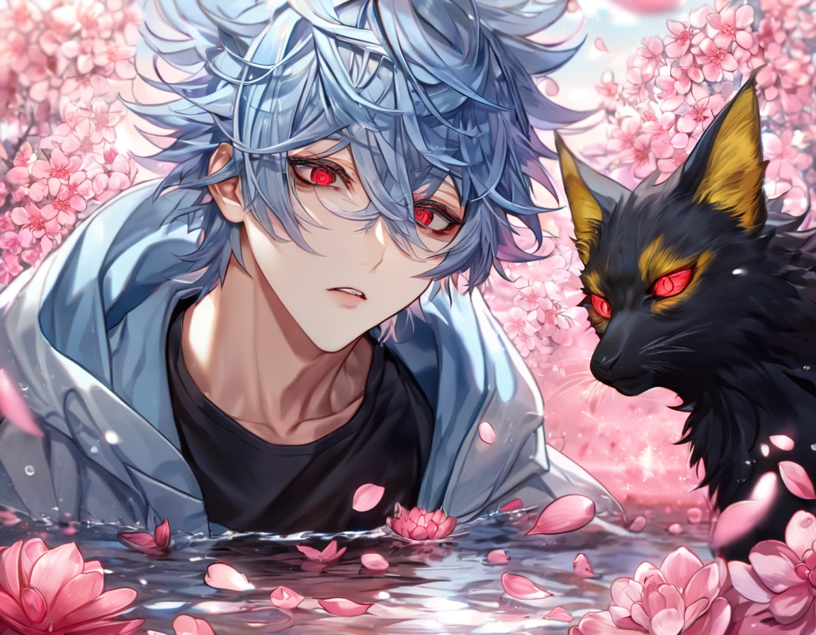 absurdres, highres, ultra detailed, HDR, master piece, best quality, Kuro, light-blue hair, messy hair, expressive red eyes, black bags under the eyes, Servamp, solo, sexy man, handsome, light blue hooded jacket with fur, black T-shirt, water, fantasy, shining, pink flowers, pink blossoms, pink petals, magical