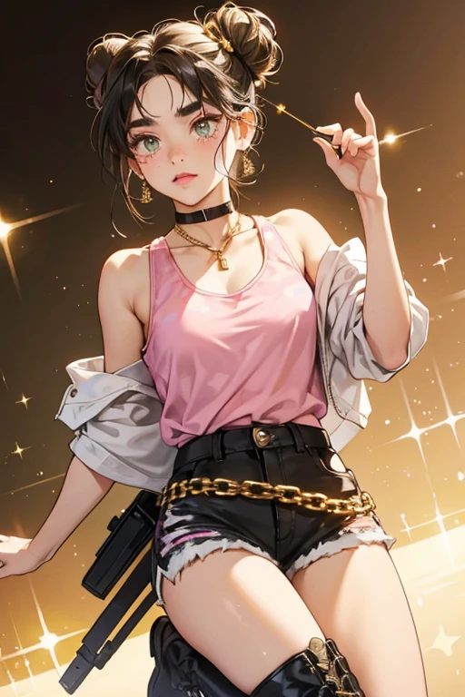 Honey Bun has light brown skin and olive-green eyes. Her eyebrows are brown and she has freckles. She wears pink blush and lipstick, and her black hair is worn up in a bun held by sections of hair. Her short bangs are straight cut with a tiny split off-center. Her hair and eyes are glittery and she wears black sunglasses with a gold chain across the top. Her normal earrings remain, and she wears a camo tank-top with pink lining the neck and glittering gold short-shorts. Her glittery black boots are thigh length with white and pink accent. SPARKLE; GLITTER