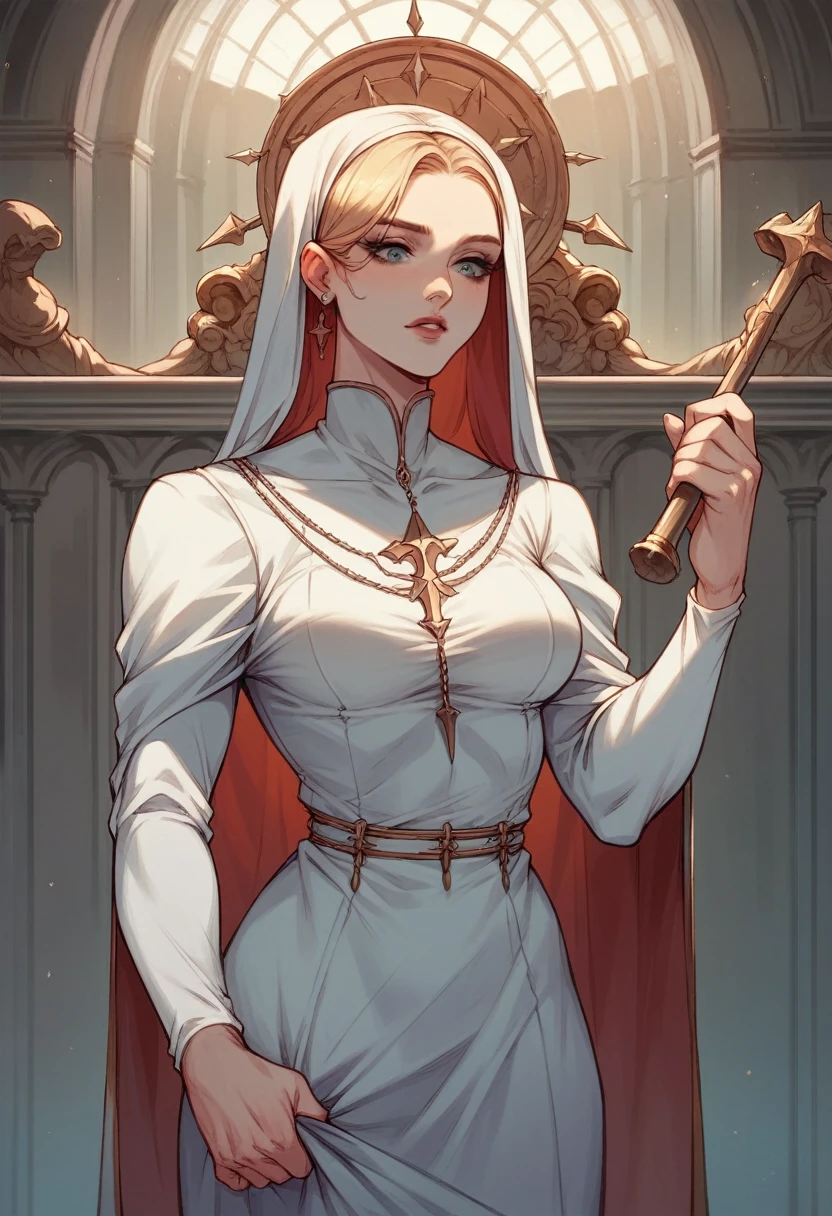 Virgin Saint Mary, club in hand, white tunic, look down, High definition image