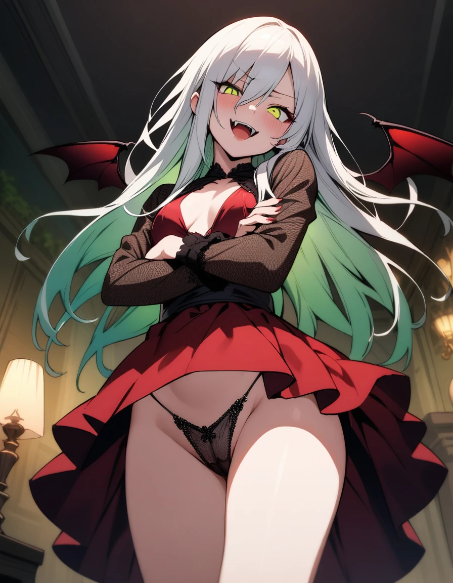 (masterpiece),(best quality),very aesthetic,(ultra-detailed),(illustration),(degenerate),nsfw,1girl,16yo,slender,long hair,white hair,straight hair,disheveled hair,red alluring eyes,one eye wide opened,one eye glaring,condescending look,open mouth,smirk,fangs,An elegant and sophisticated outfit perfect for a party, featuring a dark red dress with lace accents sleeves,ecstasy,happy,inroom,standing,standing on one leg,head tilt,crossed arms,daytime,Lascivious atmosphere,fantastic atmosphere,Dimly lit room like a dungeon,Toxic green colored lace thong,Old furnishings,dusty room,cowboy shot,looking at viewer, vampire, strawberry juice glass, dark fantasy, bat,bat's wings,from below,POV