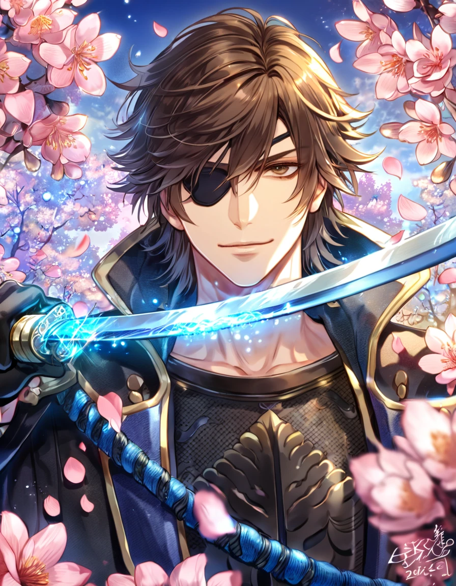absurdres, highres, ultra detailed, HDR, master piece, Date Masamune, medium brown hair, expressive brown eye, black eye patch on his right eye, Sengoku Basara, sexy man, handsome, best quality, blossoms, pink petals, pink flowers, fantasy, magical, blue shining fireflies, solo, water, smirking, blue and black clothes, black gloves, grabbing a sword