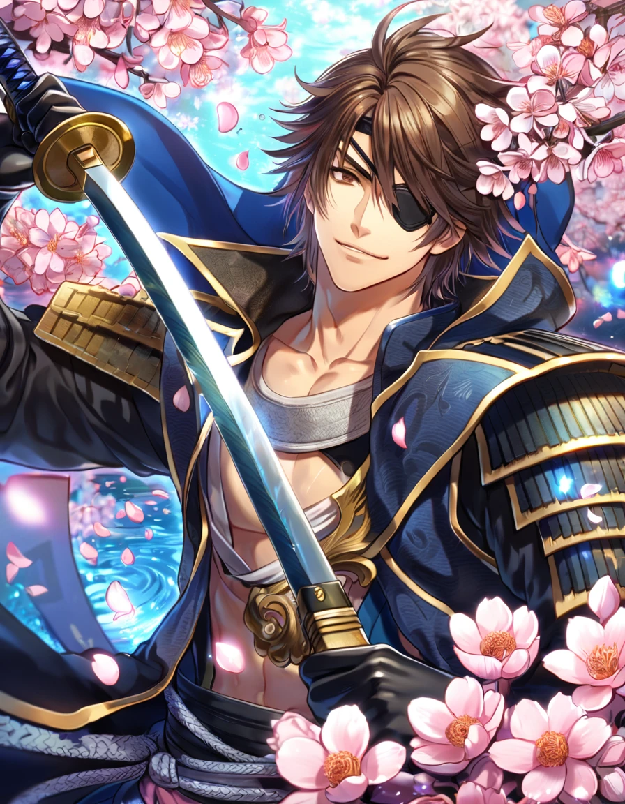 absurdres, highres, ultra detailed, HDR, master piece, Date Masamune, medium brown hair, expressive brown eye, black eye patch on his right eye, Sengoku Basara, sexy man, handsome, best quality, blossoms, pink petals, pink flowers, fantasy, magical, blue shining fireflies, solo, water, smirking, blue and black clothes, black gloves, grabbing a sword