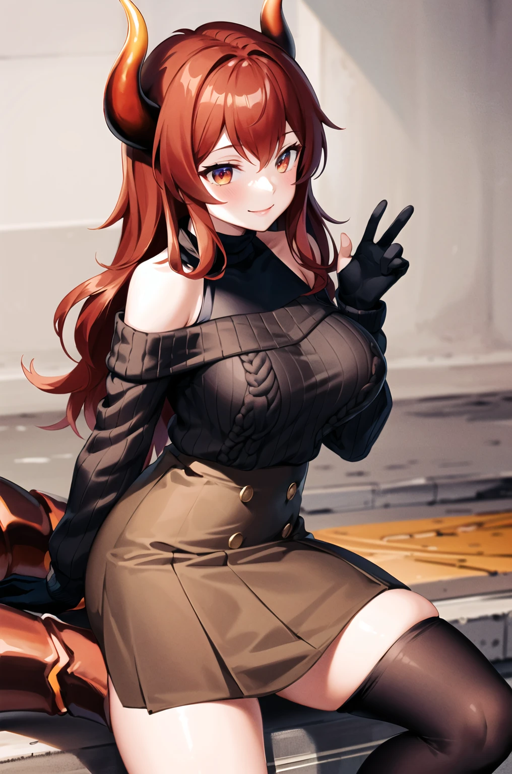 masterpiece, Highest quality, High resolution, Budra, Dragon Girl, Long Hair, Dragon Horn, Dragon Tail, Off-the-shoulder sweater, Black gloves, Checked skirt, Brown Skirt, Black Pantyhose, street, smile, Sitting, Cowboy Shot,Nipples are visible,