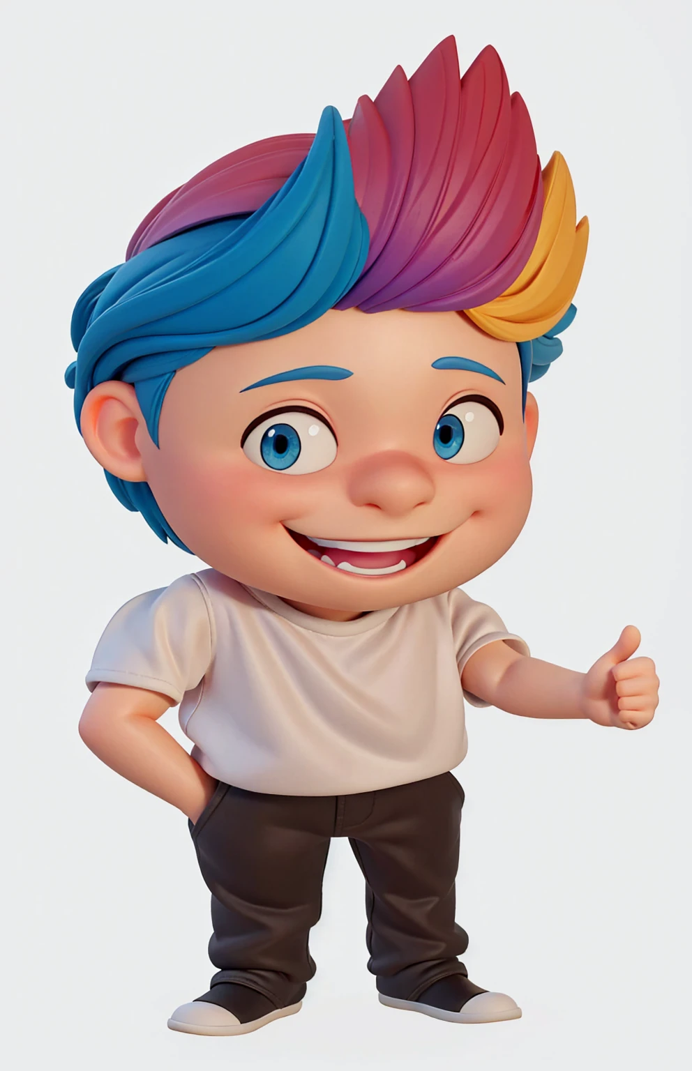 Enhance the image of a full-body 3D character by focusing on a Disney Pixar modeling style. Keep the color palette vibrant, with colorful hair, bright blue eyes, and a smile showing off your top teeth. The character's left hand should be giving the thumbs up sign, while the character's right hand is in their pocket. Ensure the final image has a polished finish with high-quality 3D rendering. The character should have a clean, detailed look, with soft shadows and realistic lighting. The final image must be rendered in 8K quality. The background can be simplified or replaced with a more neutral environment if necessary.