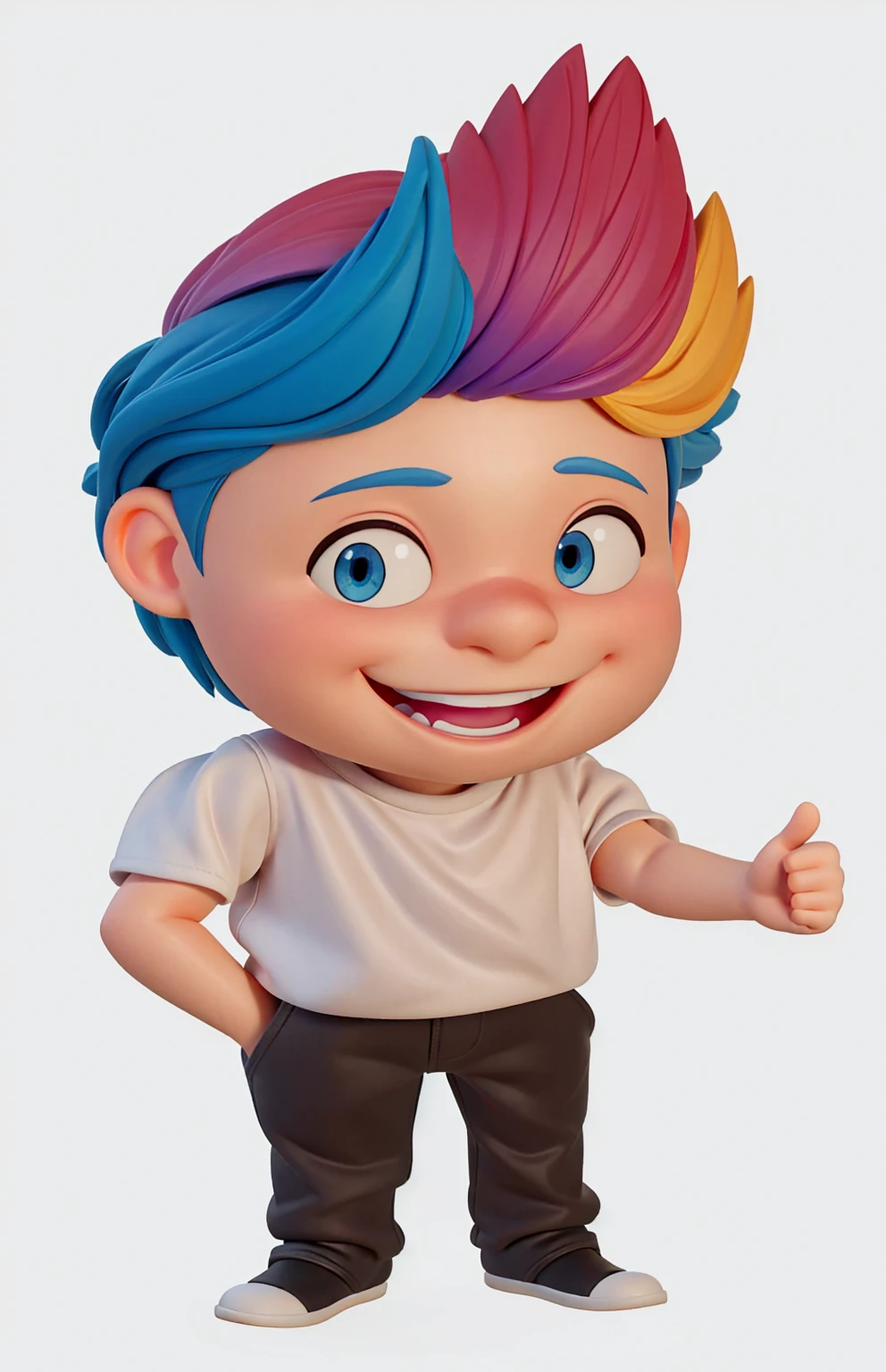 Enhance the image of a full-body 3D character by focusing on a Disney Pixar modeling style. Keep the color palette vibrant, with colorful hair, bright blue eyes, and a smile showing off your top teeth. The character's left hand should be giving the thumbs up sign, while the character's right hand is in their pocket. Ensure the final image has a polished finish with high-quality 3D rendering. The character should have a clean, detailed look, with soft shadows and realistic lighting. The final image must be rendered in 8K quality. The background can be simplified or replaced with a more neutral environment if necessary.