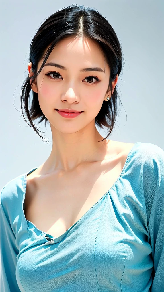 (1 woman:1.5)、(Wide forehead、Very short hair、Very small amount of hair、Forehead:1.1)、A happy expression with a slight tan、A soft smile、(Light blue dress),((Very sleepy、Improves skin texture, A big smile、Narrow eyes、Weak eyesight、Weak eyeliner、I know the shape of your head))、(slicked back hair:1.25)、Photographic, Raw photo, Mastepiece, Highly detailed photos, Digital SLR, Photo-realistic 1.4, Super hello nothing, Best Quality,(posing、tilting your head、whole body:1.5)