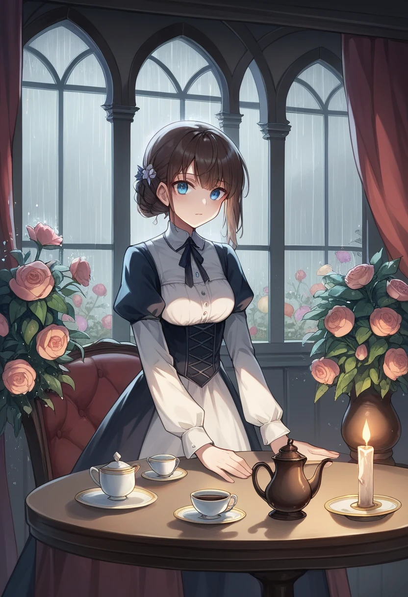 In the middle of the night, rain and lightning, a large window，in the Victorian room, a room full of candles on the table, the tables were set, brown tea balloon、lots of flowers、tea cup on the table、velvet curtain, koran women blue eyes blend hair black drass black glavs