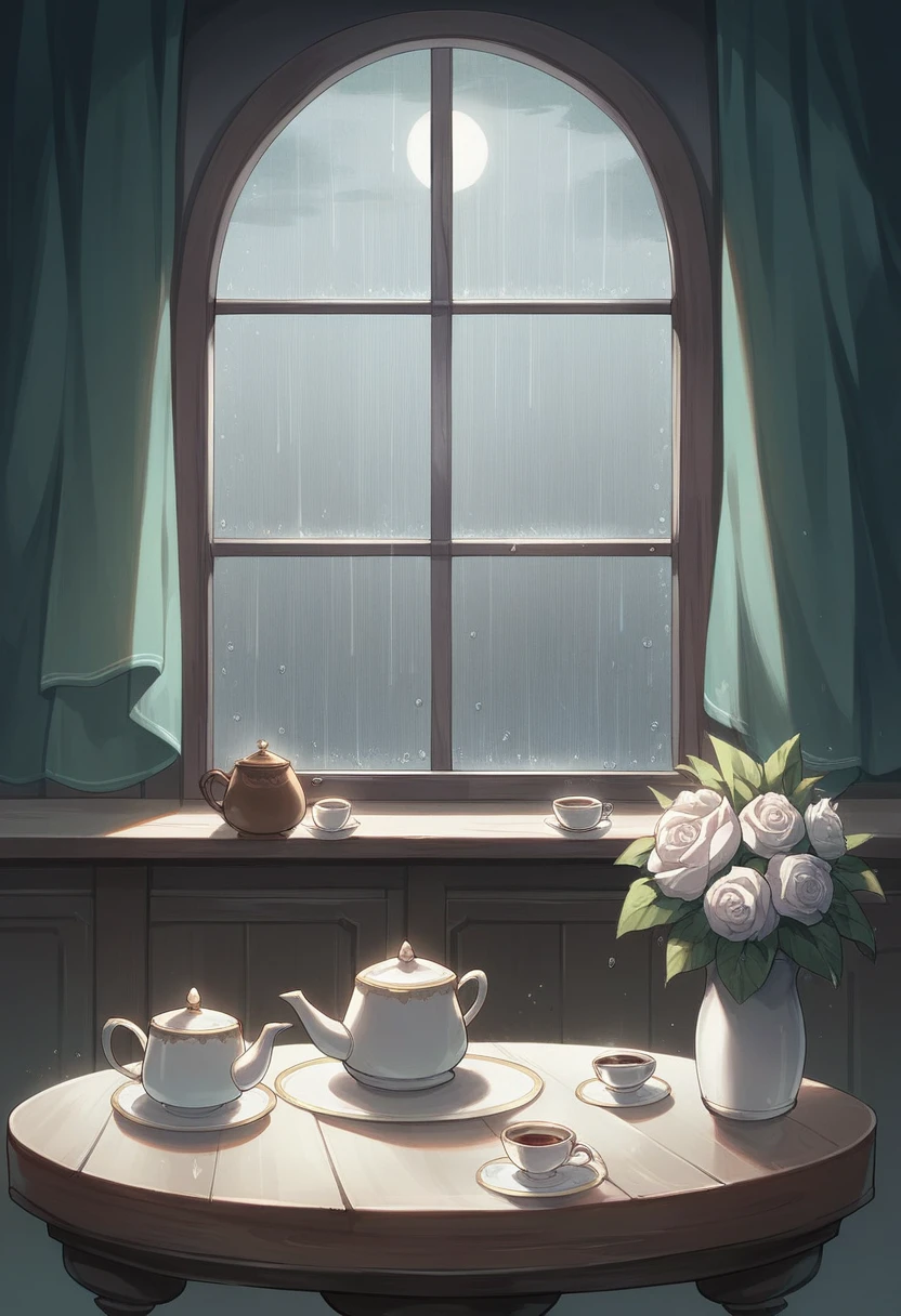 In the middle of the night, rain and lightning, a large window,in the Victorian room, a room full of candles on the table, the tables were set, brown tea balloon、lots of flowers、tea cup on the table、velvet curtain, koran women blue eyes blend hair black drass black glavs
