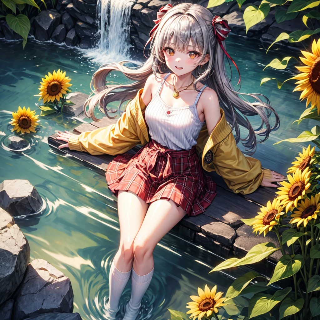 Red, brown, gold, gold hair、Golden Eyes、Hair tied up、One good looking girl、solo、anime、Checkered mini skirt、Ruffles on the skirt、camisole、Lightweight cardigan、Black knee-high socks、Wearing a baseball cap、Ribbon、Ribbon on waist、Teeth are visible、Silver coin necklace、From above、Sunflower Tunnel、Cobblestones、waterfall、Clear Stream、Have sunflowers、Midnight Moon、Winding Road、Unlocking、suspension bridge、Soap bubbles are flying