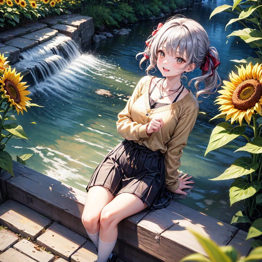 Red, brown, gold, gold hair、Golden Eyes、Hair tied up、One good looking girl、solo、anime、Checkered mini skirt、Ruffles on the skirt、camisole、Lightweight cardigan、Black knee-high socks、Wearing a baseball cap、Ribbon、Ribbon on waist、Teeth are visible、Silver coin necklace、From above、Sunflower Tunnel、Cobblestones、waterfall、Clear Stream、Have sunflowers、Midnight Moon、Winding Road、Unlocking、suspension bridge、Soap bubbles are flying