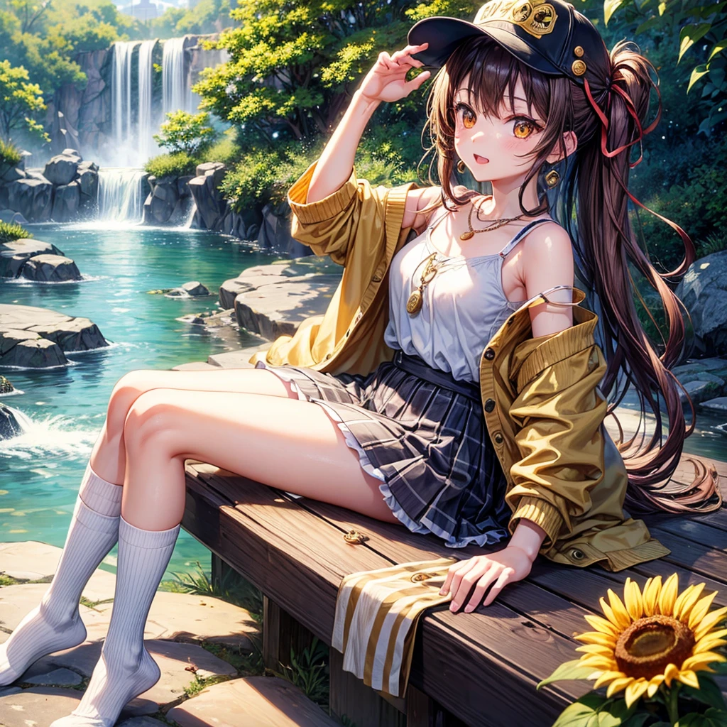 Red, brown, gold, gold hair、Golden Eyes、Hair tied up、One good looking girl、solo、anime、Checkered mini skirt、Ruffles on the skirt、camisole、Lightweight cardigan、Black knee-high socks、Wearing a baseball cap、Ribbon、Ribbon on waist、Teeth are visible、Silver coin necklace、From above、Sparks are flying、tunnel、Cobblestones、waterfall、Clear Stream、Sunflower field、Have sunflowers、Midnight Moon、Winding Road、Unlocking、suspension bridge