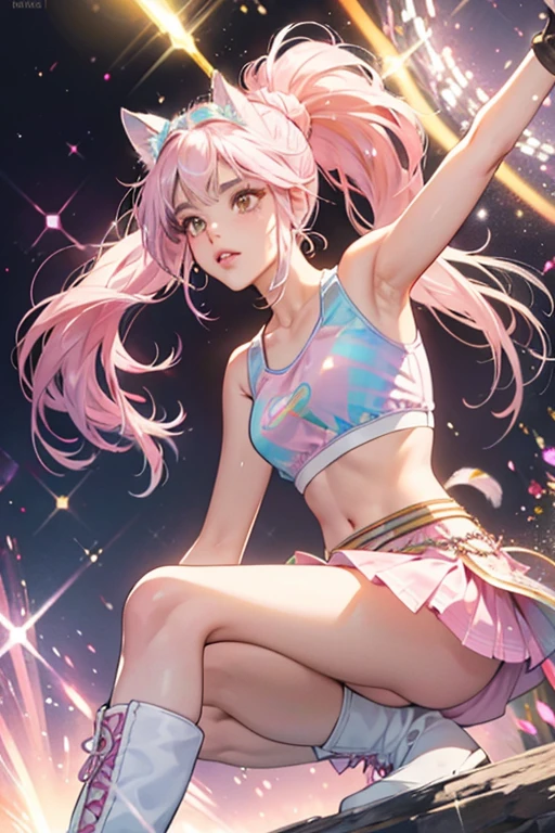 Kitty Queen has tanned skin, sparkling brown eyes, and pink lips . She has silver iridescent hair worn in a ponytail held by a knotted section of hair.
She wears a light pink iridescent tank-top with a iridescent light pink skirt and knee-length white iridescent boots. On her head is a iridescent glittery white cat ear headband. SPARKLE; GLITTER
