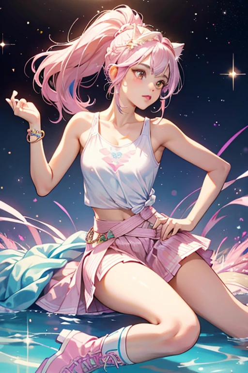 Kitty Queen has tanned skin, sparkling brown eyes, and pink lips . She has silver iridescent hair worn in a ponytail held by a knotted section of hair.

She wears a light pink iridescent tank-top with a iridescent light pink skirt and knee-length white iridescent boots. On her head is a iridescent glittery white cat ear headband. SPARKLE; GLITTER