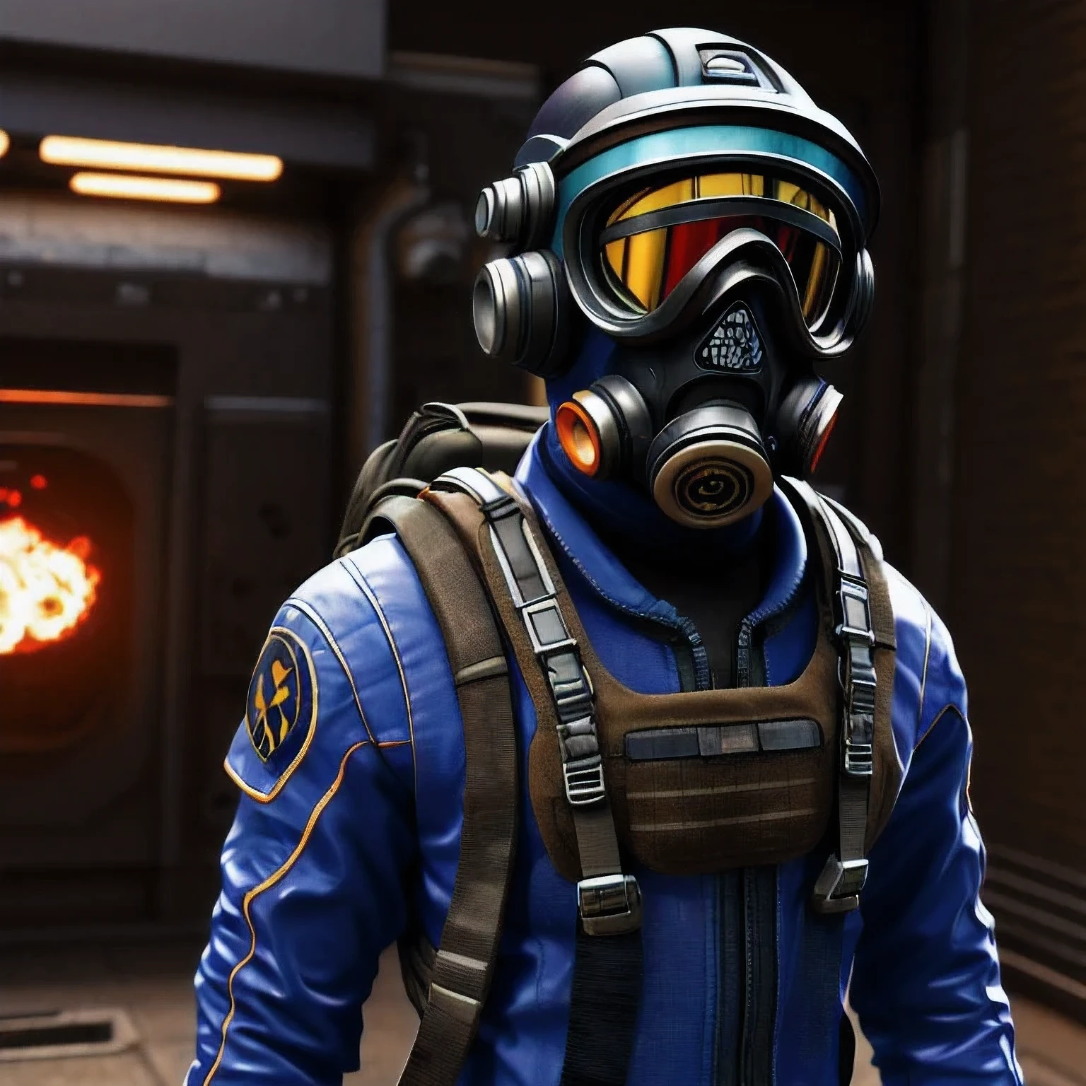 Image of a man wearing a gas mask and goggles, Science Fiction Characters render, 3D rendering style, Science Fiction Characters, Post-apocalyptic explorer, Science Fiction Characters, Stylized 3 D rendering, 3 d character render, sci - fi pilot, Sci-fi soldier, character render, Stylized characters, Dusty spacesuit(((Goggles)))(one person)