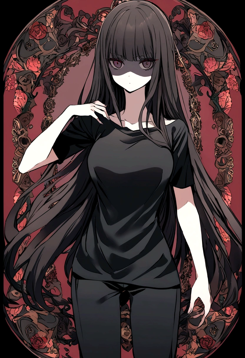 Create an image of a woman she has long straight dark hair, she doesn&#39;t wear a shirt and shows her medium breasts, wears dark pants and has a dark face