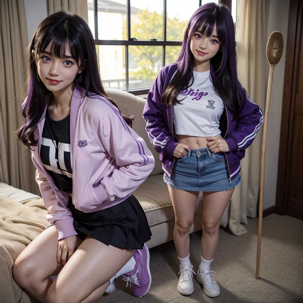 Best Quality,8K,smile,Ribbon on uniform,mini skirt,high school girl,Several girls are depicted,Harem,Track jacket,photo shoot,Long Hair,Highest quality,Big Breasts,Happy girl,Horny girl,blue eyes,Perfect Face,Standing posture,I have my hands in my pockets,Gravure idol,model,She has her bangs down,Smooth hair,Purple Hair,Hyper Realistic Stick,Naughty Girls,Beautiful girls,beautiful girl,loose socks
