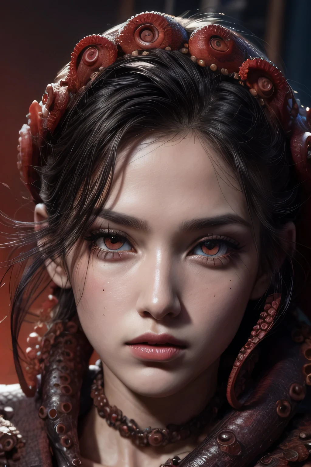 1 young, half human half octopus, 20 year, fully body, face detailed, beautiful red eyes, long eyelashes, intrikate, highy detailed, hyper realist, 8K, photorrealistic, cinematic lighting, dramatic colors, surreal, fancy, digitl art, conceptual artwork