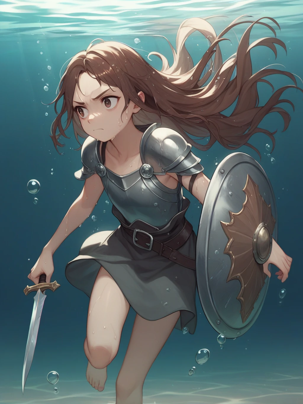 Partially underwater,最high quality,high quality, 4--old,Long Hair, Brown Hair, Wet Hair, Flat Chest,Dark underground labyrinth,No light,Leather armor,Equipped with a dagger and a shield,Face above water,Body in water, Underwater Photography,The robe rolls up due to buoyancy,Painful face