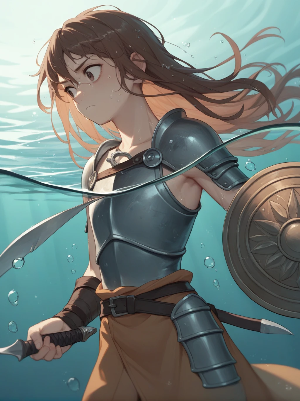 Partially underwater,最high quality,high quality, 4--old,Long Hair, Brown Hair, Wet Hair, Flat Chest,Dark underground labyrinth,No light,Leather armor,Equipped with a dagger and a shield,Face above water,Body in water, Underwater Photography,The robe rolls up due to buoyancy,Painful face