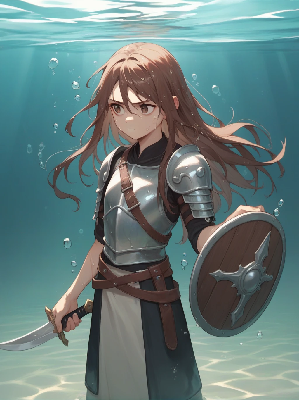 Partially underwater,最high quality,high quality, 4-year-old, , Long Hair, Brown Hair, Wet Hair, Flat Chest,Dark underground labyrinth,No light,Leather armor,Equipped with a dagger and a shield,Face above water,Body in water, Underwater Photography,The robe rolls up due to buoyancy,Painful face