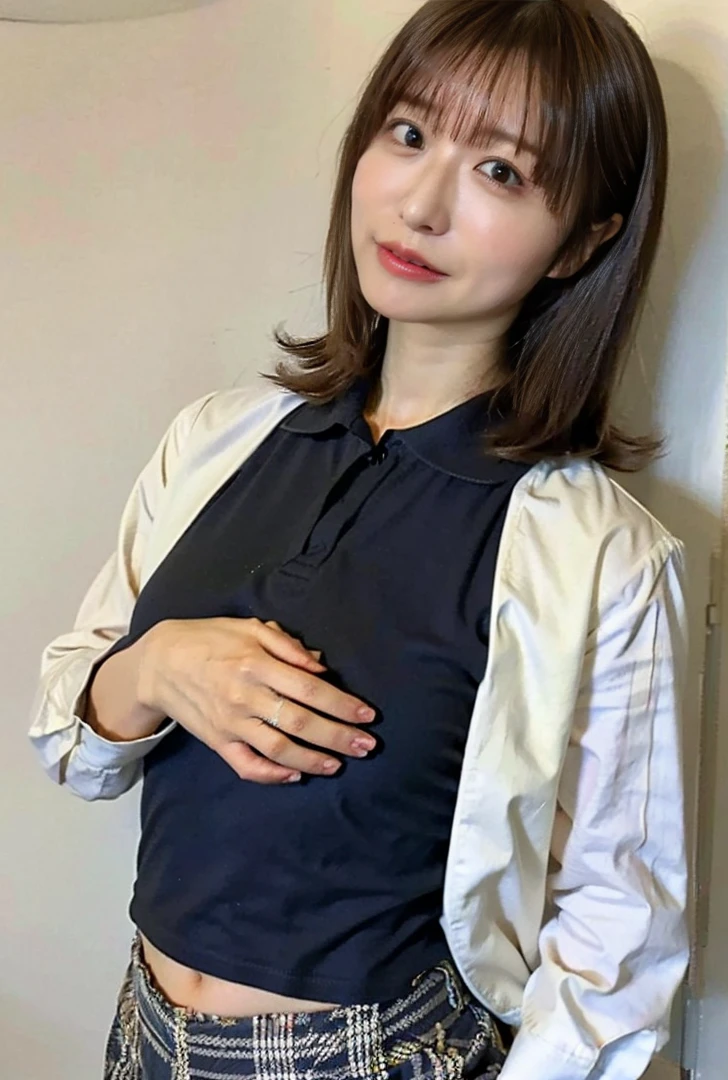 ((Droopy eyes、Are standing、Medium Hair、服の上からでもわかるBig Breasts、Both hands are in front of the navel、A photo showing pants through a short polo shirt、roll up one's shirt with one's hands、She is wearing a white polo shirt and luxurious white panties.、:1.4))、In the living room、Cream hair color、Her huge breasts are obvious even through her clothes....、Small earrings、Light brown hair color、:1.4))、Shiny Hair、Light beige hair color、Background Blur、Light brown hair、{{Cowgirl Shot}}、((Close-up shot from the waist up、Big Breasts:1.4))、Big Breasts、にっこりsmile、服からでも分かるBig Breasts、Cowboy Shot、素敵なsmile、((Revealing clothing))、Full body photo、ring、Tuck your hair behind one ear、Silver Necklace、smile、Caustics、Highly detailed photos、Big Breasts、Super no makeup、(8K、RAW Photos、Highest quality、masterpiece:1.2)、(Realistic、Realistic)、1 Girl、((Big Breastsショートヘア、Looking into the camera:1.4))、Hair blowing in the wind
